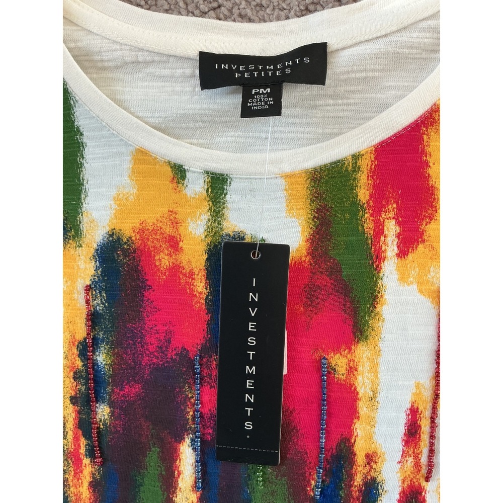 Investments Petites Multi Color Abstract Beaded Cotton Slub Top PM NEW - Picture 5 of 7
